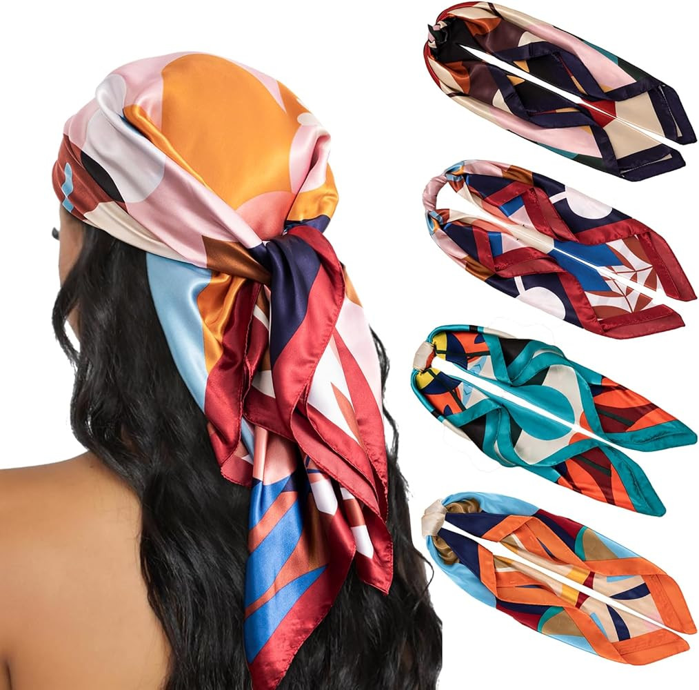 HBselect 4PCS Head Scarf for Women 35\u201d Head Scarves Silk Like Satin Neck Scarfs Square Banda... | Amazon (US)