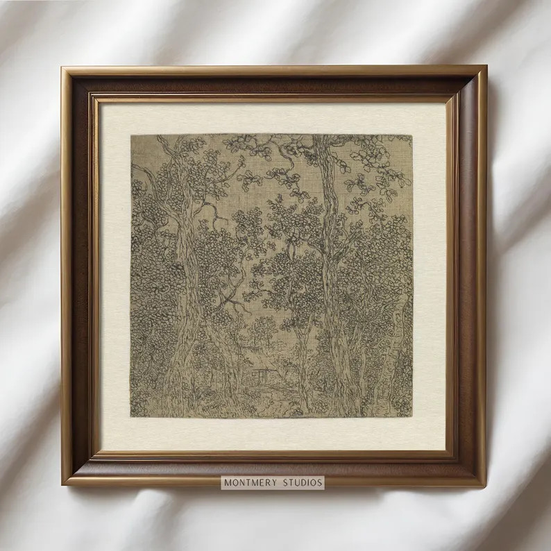 Square Moody Vintage Landscape Sketch Print, Antique Textile Art, Dark Forest Drawing, Rustic Far... | Etsy (US)