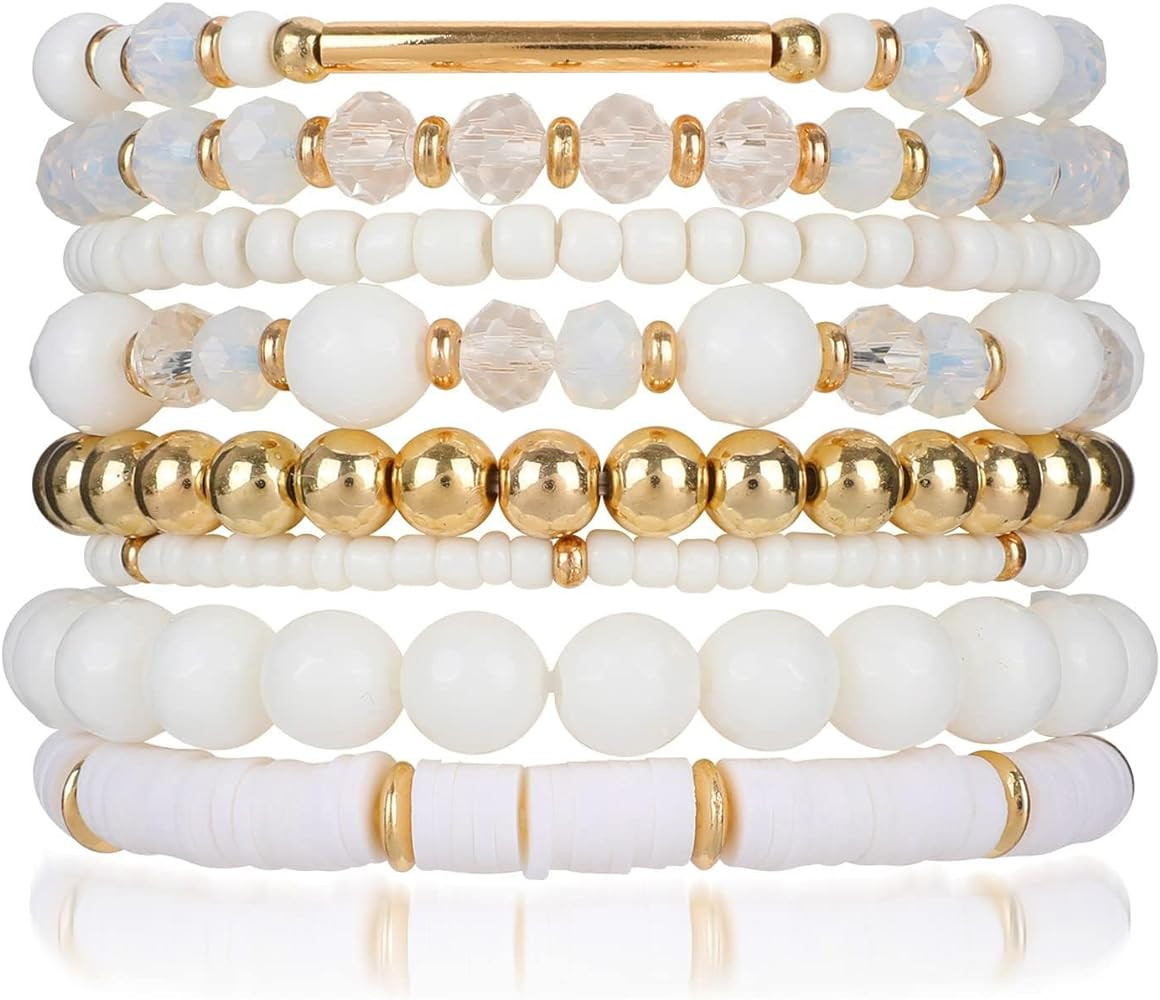 Pink Bracelets Purple Bracelet Boho Multi-Layer Beaded Stacking, Versatile Strand Stretch Crystal... | Amazon (US)