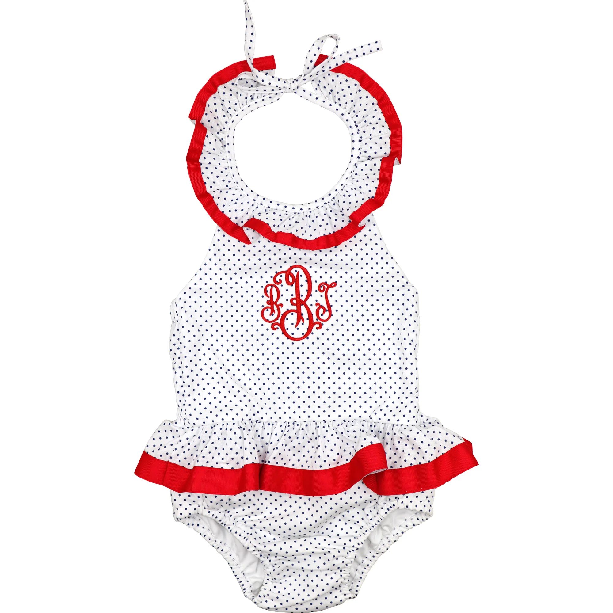 Navy Dot Pique And Red Swimsuit | Eliza James Kids