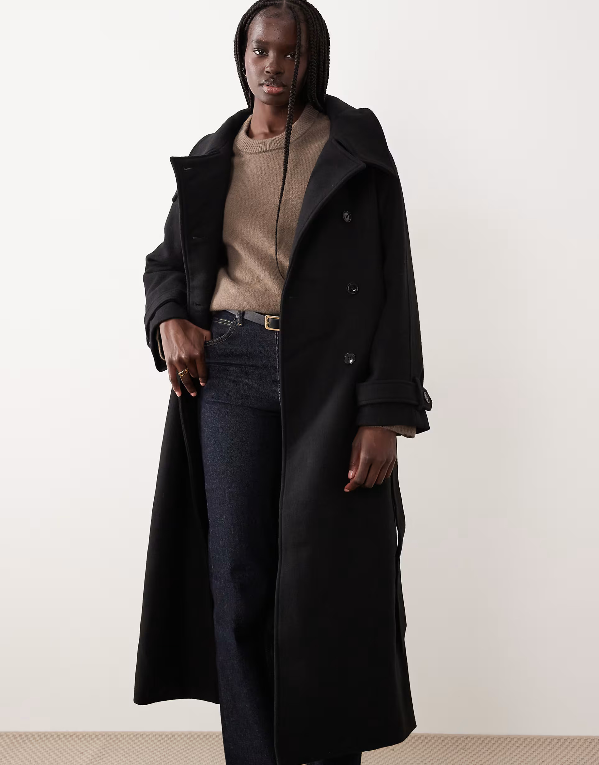 Gina Tricot wool belted midaxi coat with funnel neck detail in black | ASOS (Global)