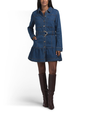 Long Sleeve Denim Button Up Mini Dress With Self Belt | TJ Maxx