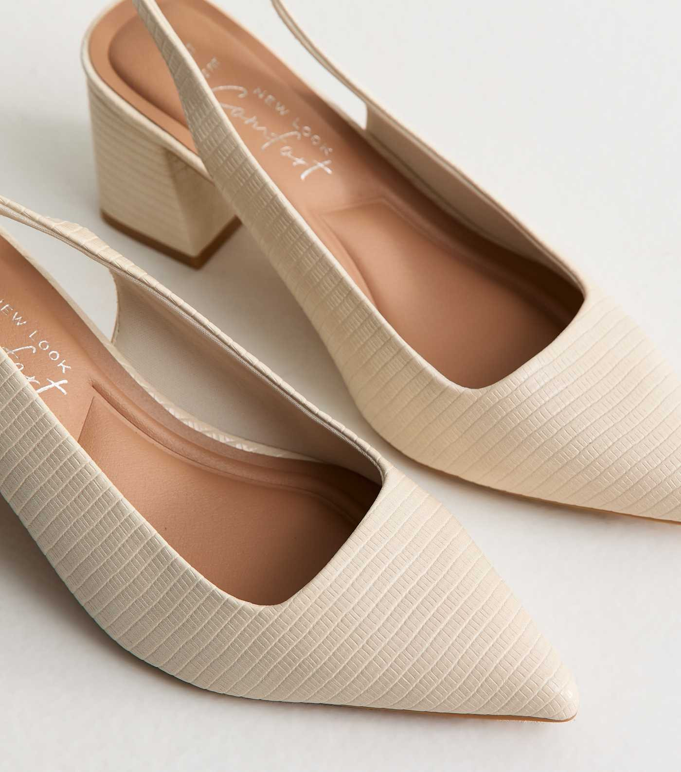 Wide Fit Off White Block Lizard Effect Slingback Court Shoes | New Look | New Look (UK)