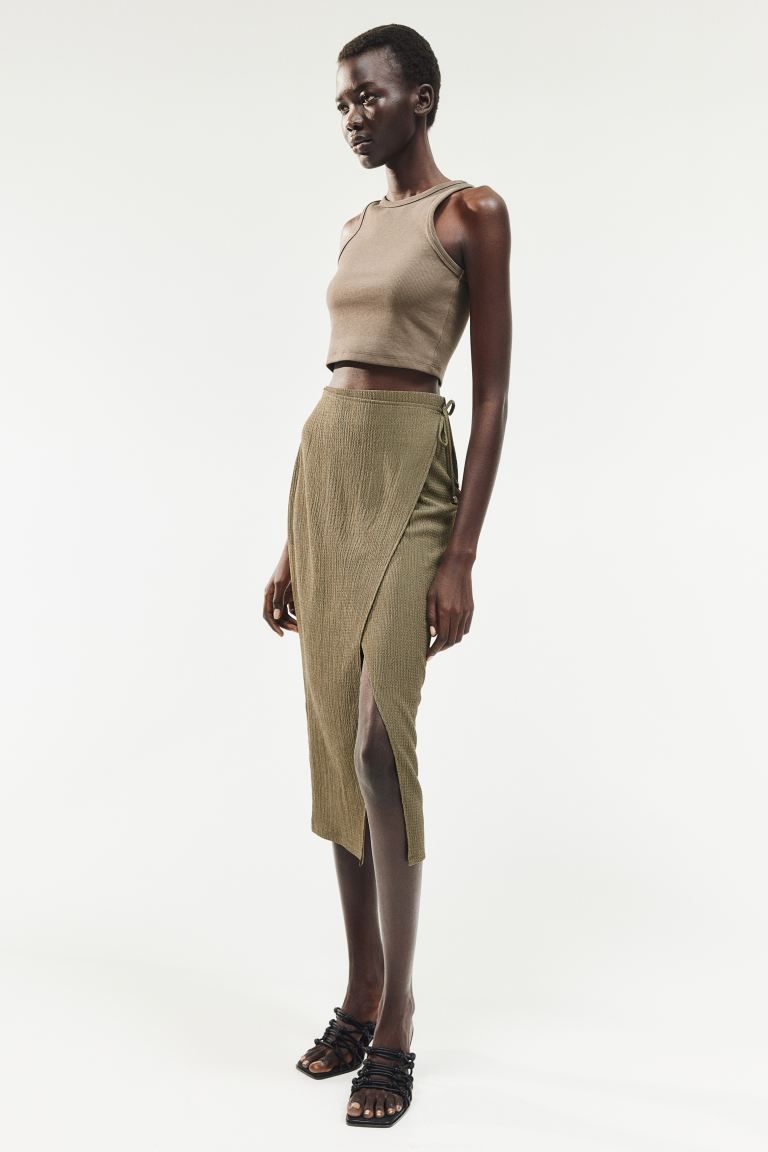 Crinkled wrap skirt - High waist - Midi - Dark khaki green - Ladies | H&M GB | H&M (UK, MY, IN, SG, PH, TW, HK)
