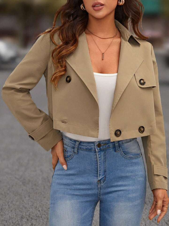 SHEIN LUNE Double Breasted Crop Trench Coat | SHEIN