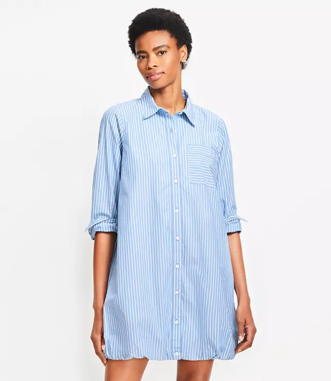 Striped Poplin Bubble Hem Mini Pocket Shirtdress | LOFT