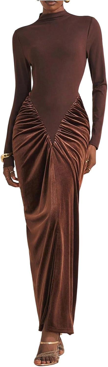 Milumia Women's Elegant Long Sleeve Velvet Maxi Dress Mock Neck Ruched Bodycon Cocktail Party Dresses | Amazon (US)