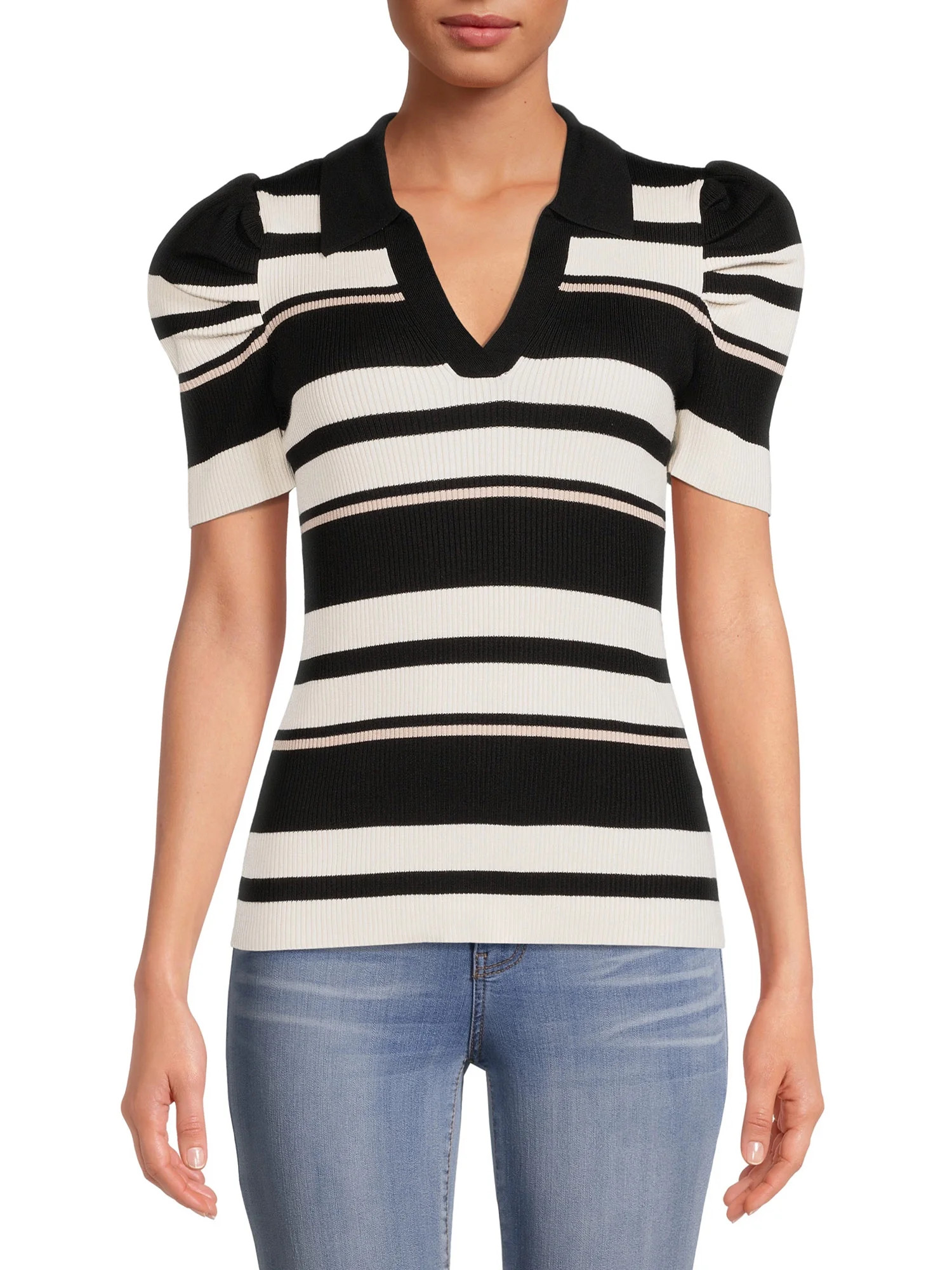 No Boundaries Juniors' Johnny Collar Stripe Sweater with Short Sleeves | Walmart (US)