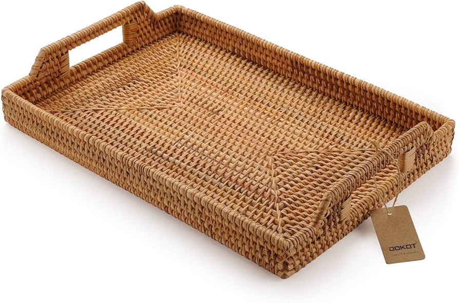 Hand-Woven Rattan Rectangular Serving Tray with Handles for Breakfast, Drinks, Snack for Coffee T... | Amazon (US)