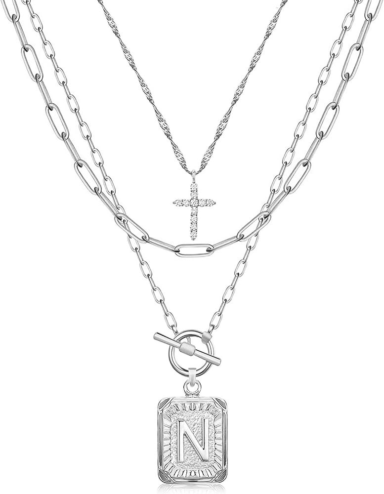 MJartoria Layered Initial Necklaces for Women Trendy, 14K Gold Plated Brass Simple Dainty Cross C... | Amazon (US)