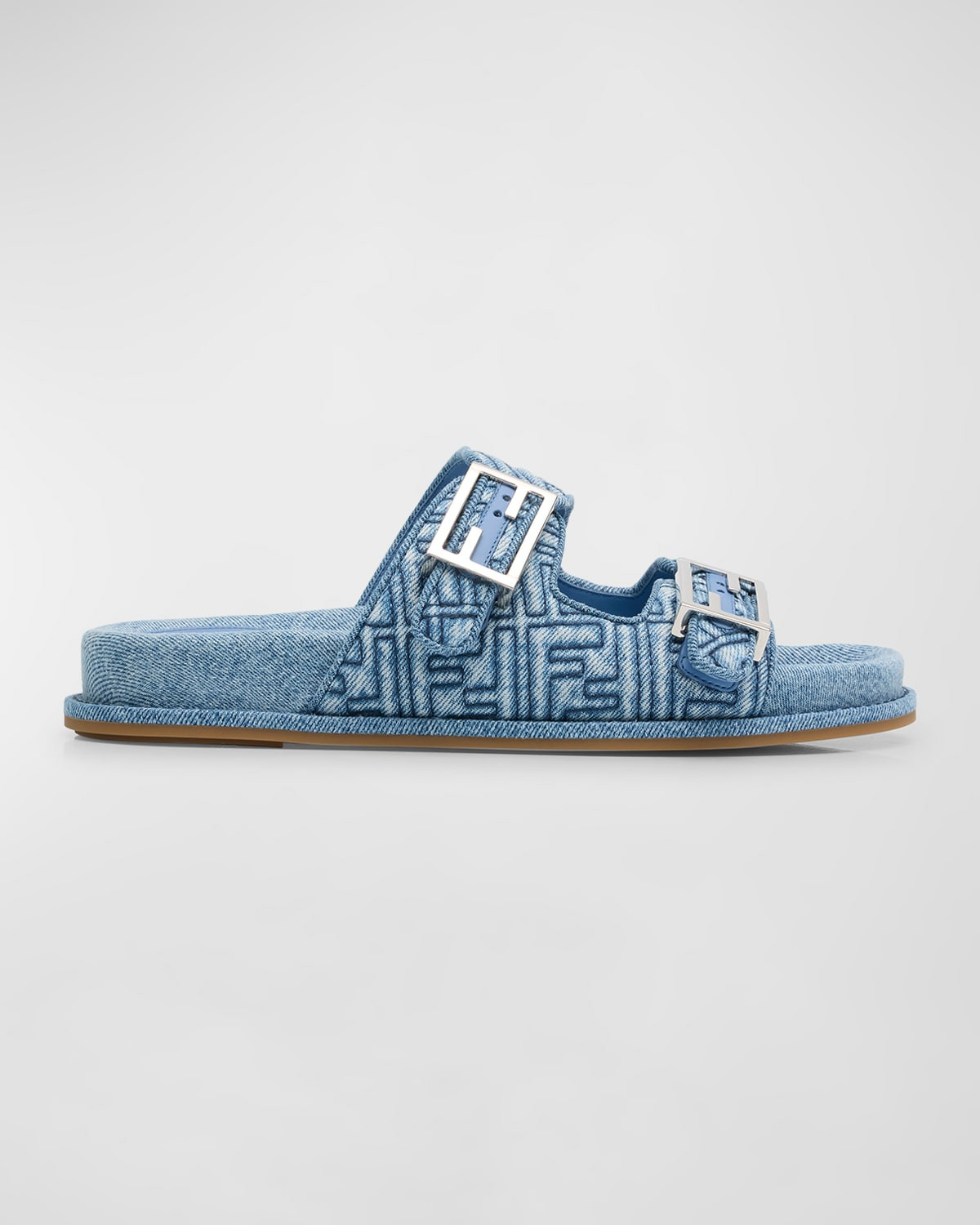 FF Embroidered Denim Dual Buckle Slide Sandals | Neiman Marcus