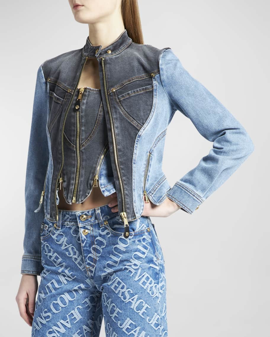 Two-Tone Zip Front Denim Jacket | Neiman Marcus