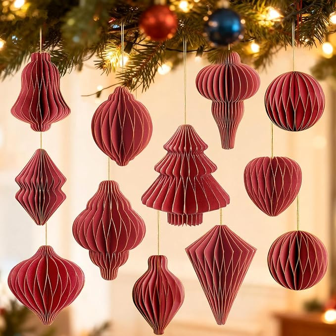 12Pcs Red Paper Christmas Party Decorations, 3D Honeycomb Paper Hanging Ornaments with Glitter, F... | Amazon (US)