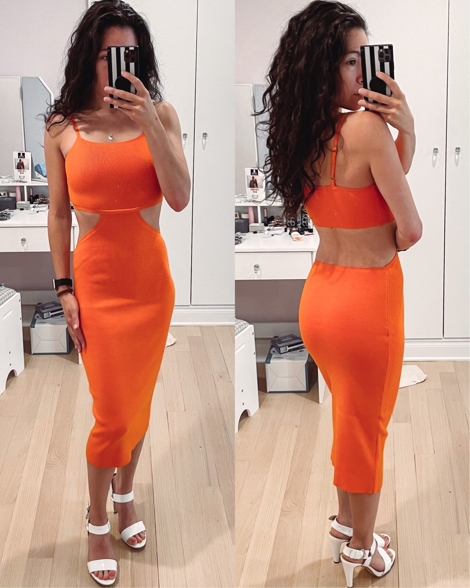 Knit cutout dress in orange perfect for end of summer vacations. Midi dress paired with white heels. 

#LTKSeasonal #LTKunder50 #LTKtravel