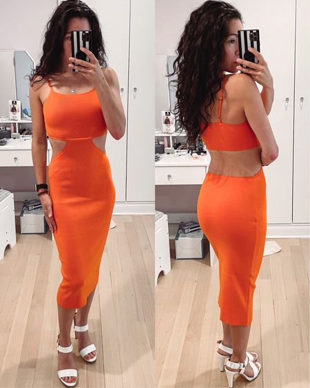 Knit cutout dress in orange perfect for end of summer vacations. Midi dress paired with white heels. 

#LTKSeasonal #LTKunder50 #LTKtravel