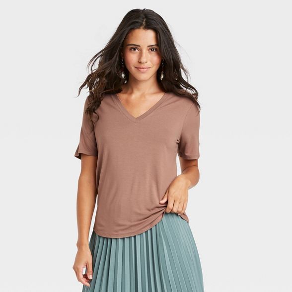 Women&#39;s Short Sleeve V-Neck Drapey T-Shirt - A New Day&#8482; Light Brown XS | Target