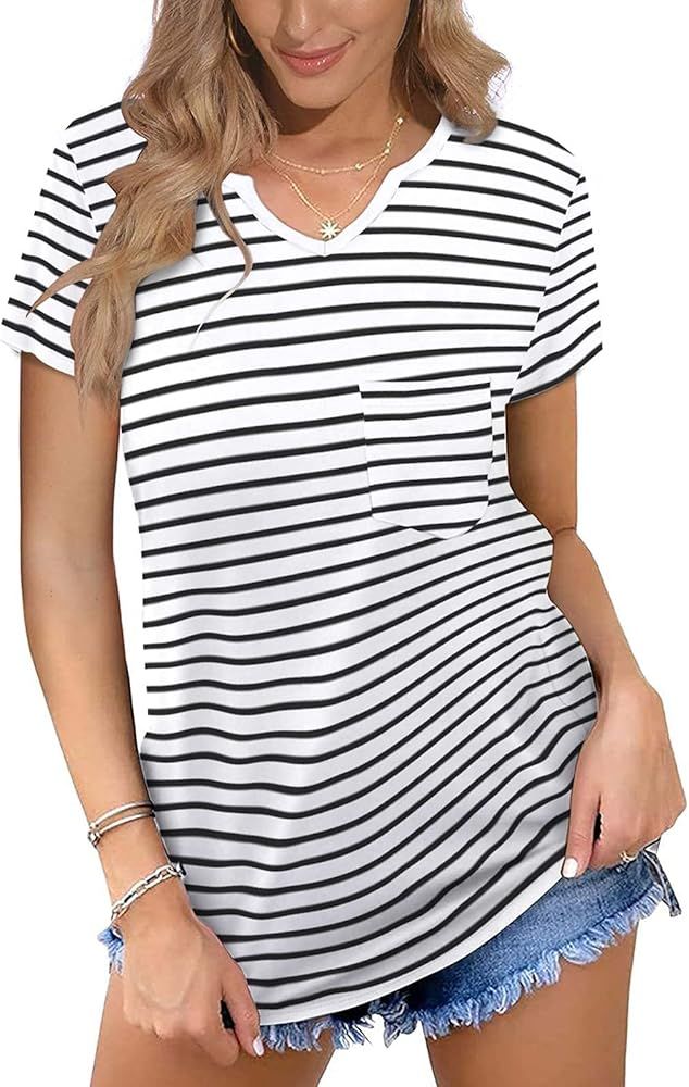 NIASHOT Women's Short Sleeve Shirts V Neck Basic Tees Cute Summer Tops with Pocket | Amazon (US)