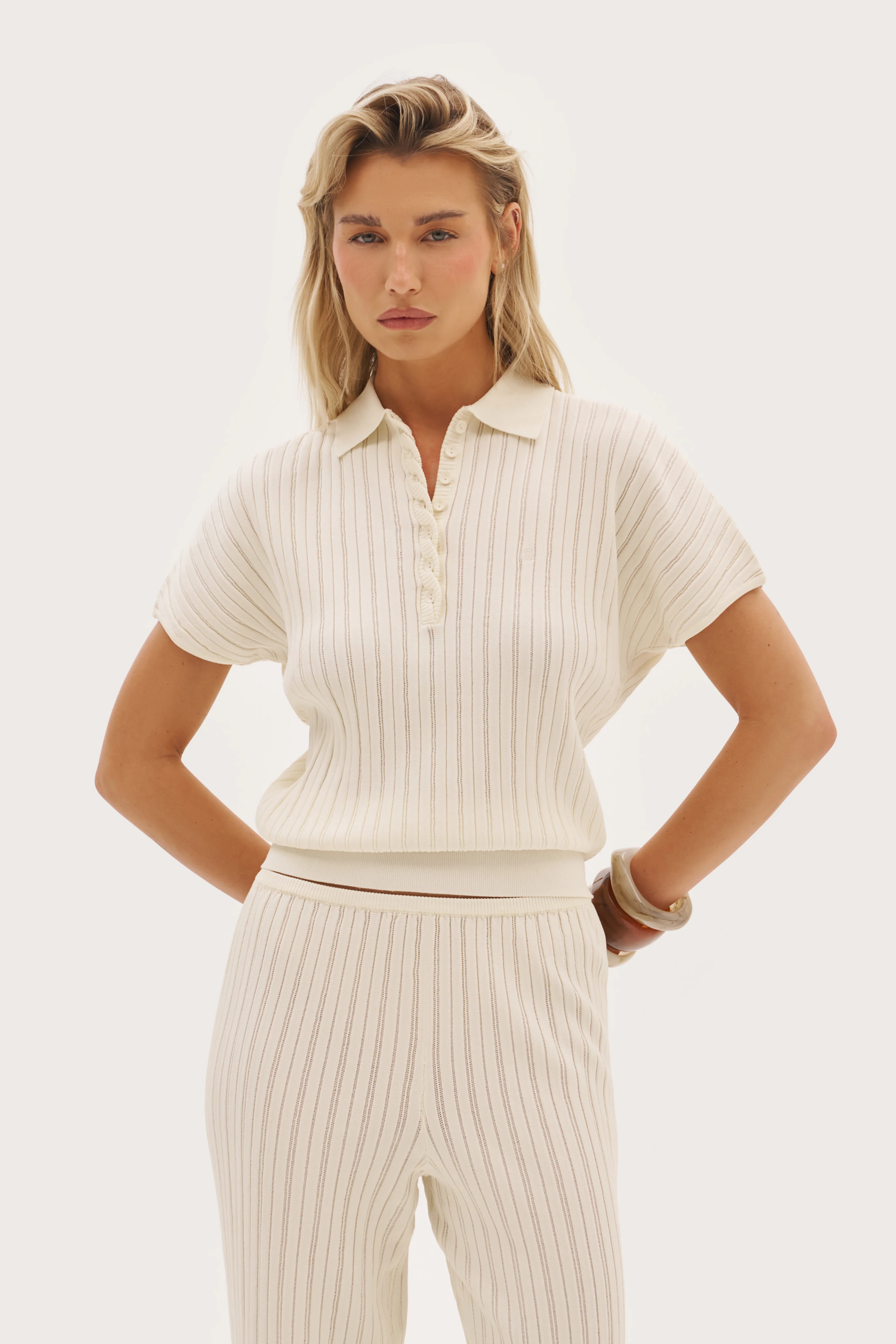 Maebe Fine Knit Pointelle Polo - Buttercream | Maebe UK