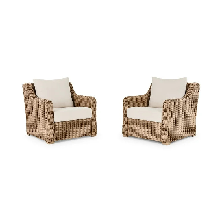 Better Homes & Gardens Bellamy Outdoor 2pk Lounge Chairs, Tan Wicker/Cream Cushion | Walmart (US)