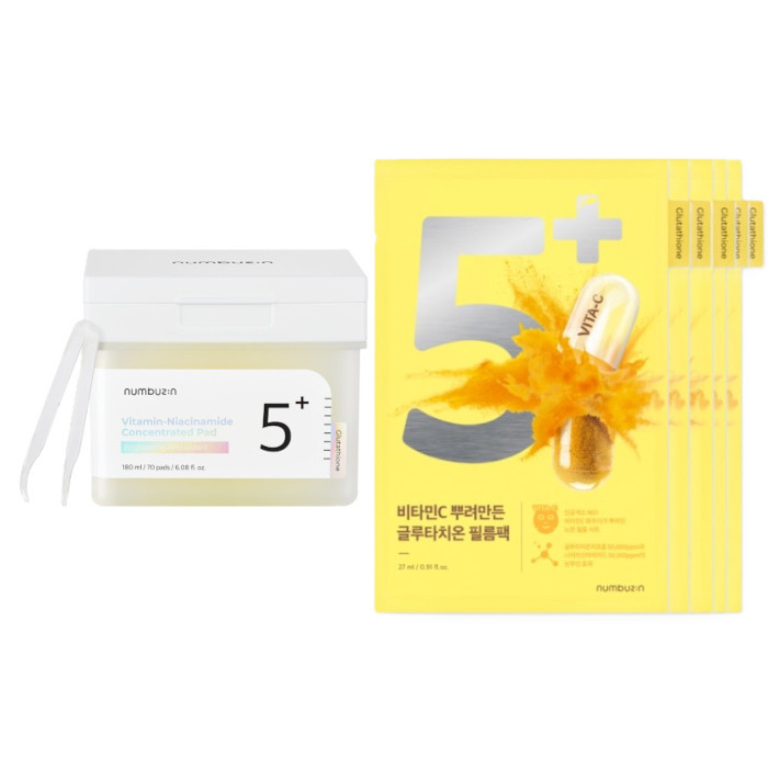 numbuzin - No.5+ Glutathione Vitamin Concentrated Toner Pad - 180ml/70pads (1ea) & Mask 5pcs Set | Stylevana