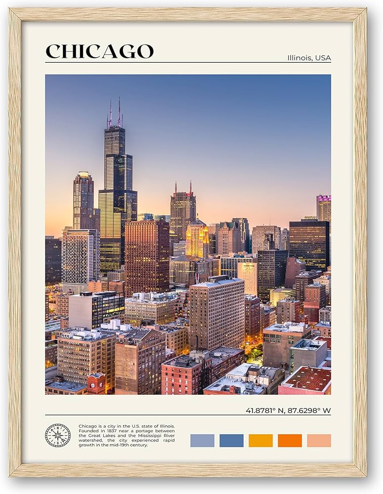HesenDot Natural OAK Wood Chicago Cityscape Framed Wall Art,12x16in City Skyline Canvas Wall Prin... | Amazon (US)