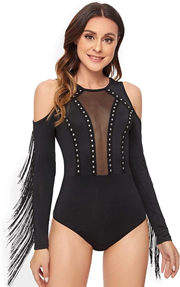 SweatyRocks Women's Cold Shoulder Fringe Long Sleeve Sheer Mesh Jumpsuit Bodysuit | Amazon (US)