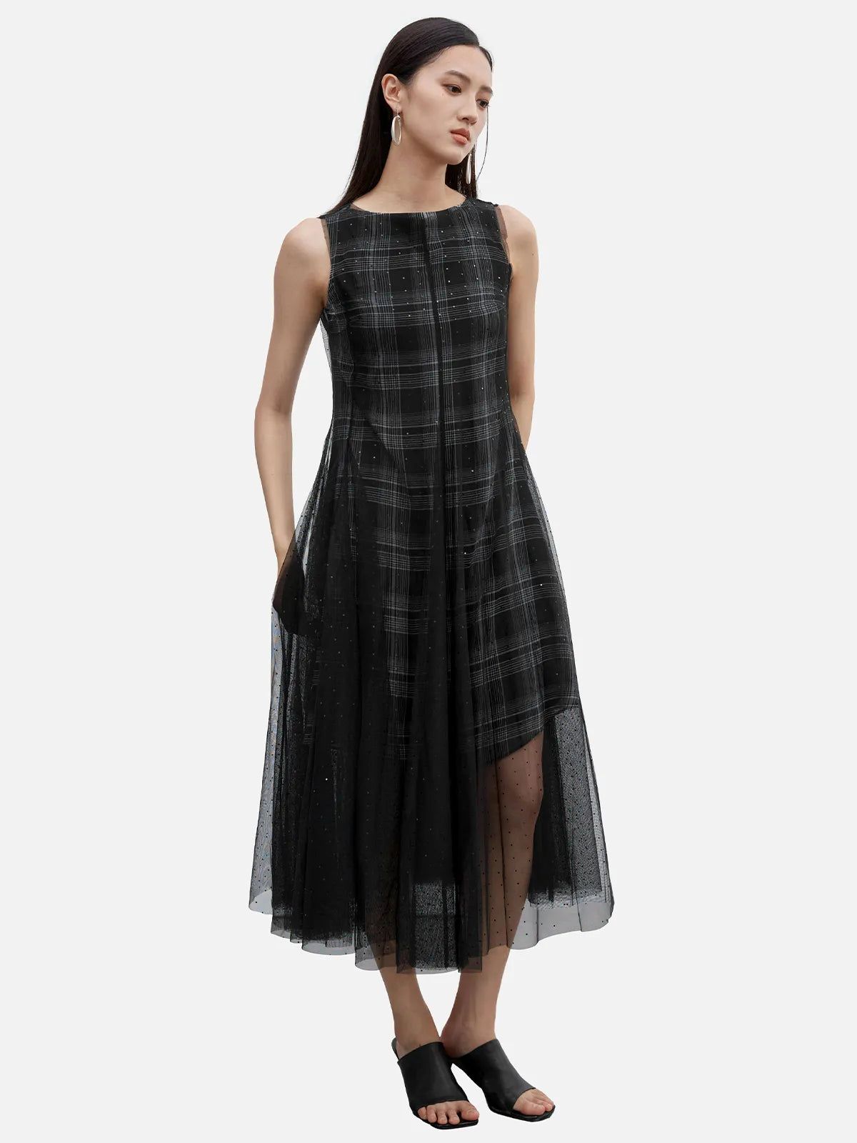Plaid Sequins Mesh Layer Sleeveless Dress | SDEER