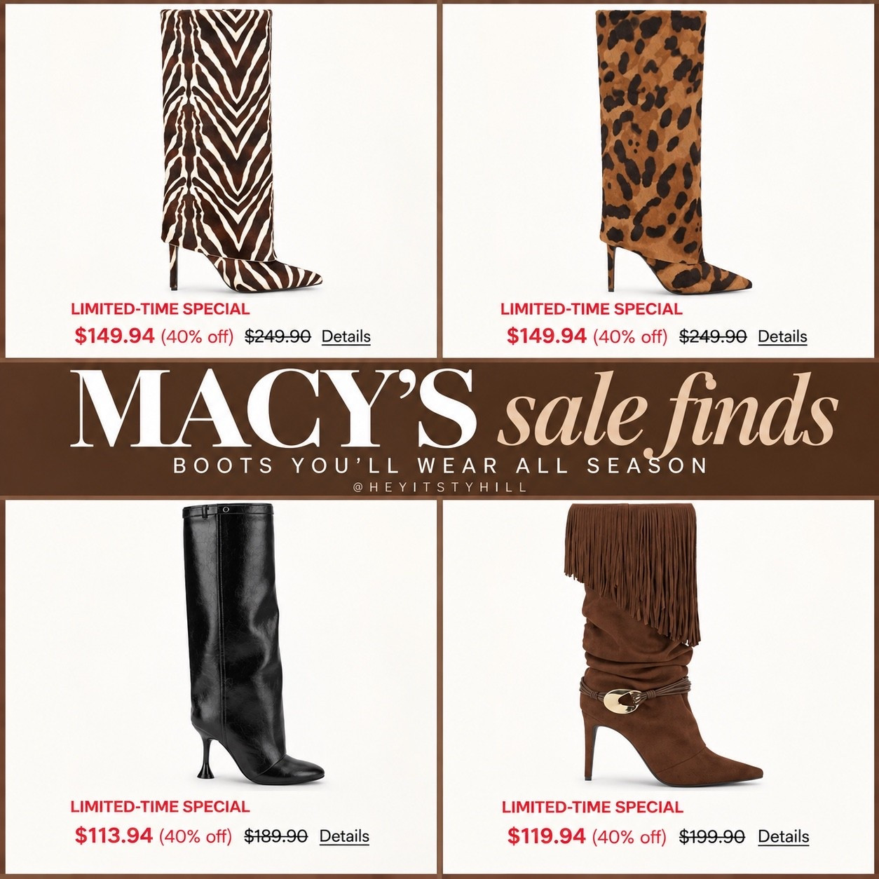 These Macy’s boot sale finds are TOO good 👢🔥 These Animal print, fringe + classic black boots are all 40% off for a limited time! Such an easy way to update your fall wardrobe with a statement shoe. Shop them before the prices go back up!

#LTKootd #LTKSeasonal #LTKgrwm