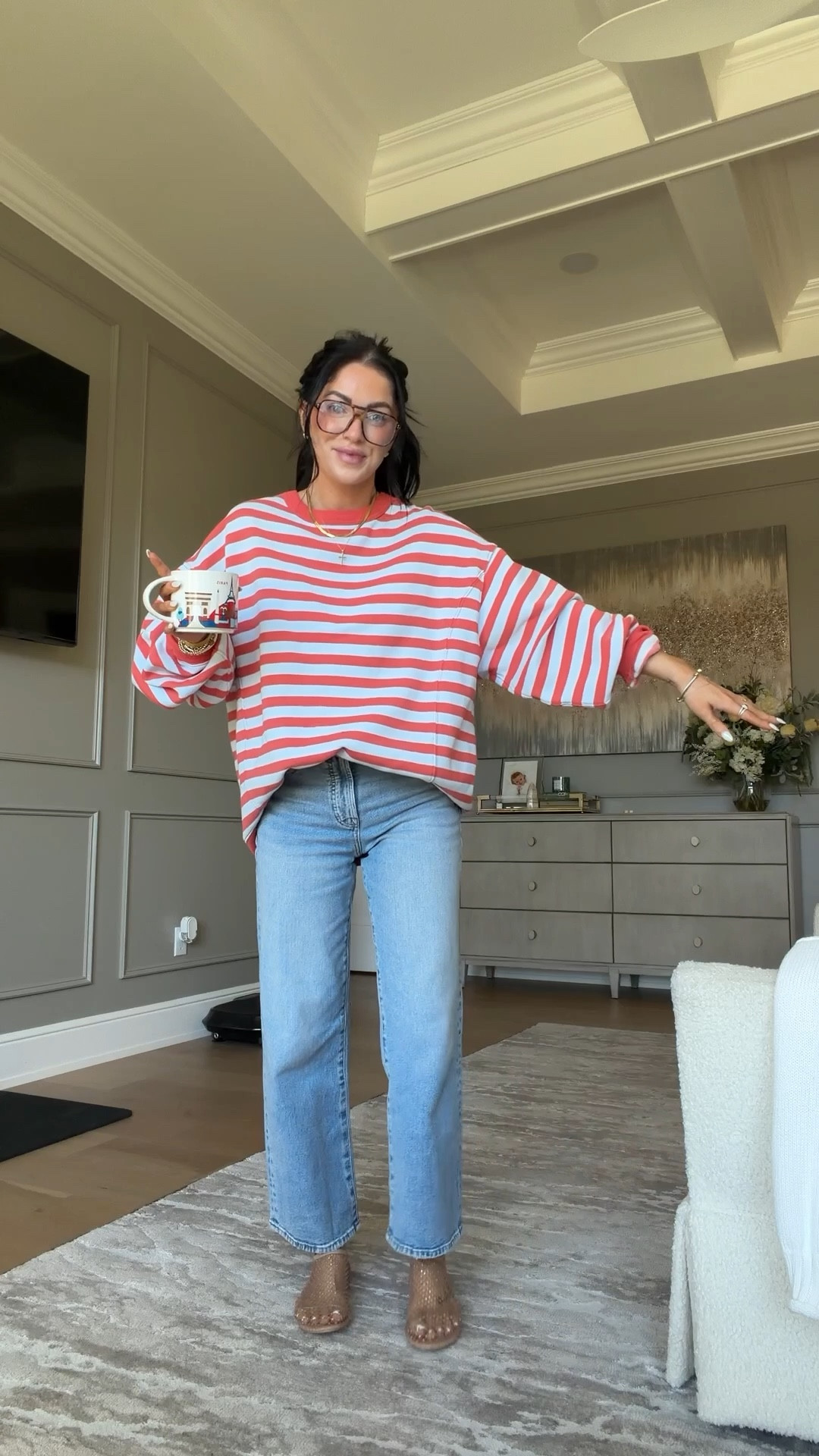 In a size small and the sweatshirt! Absolutely no need to size up in this!!! 