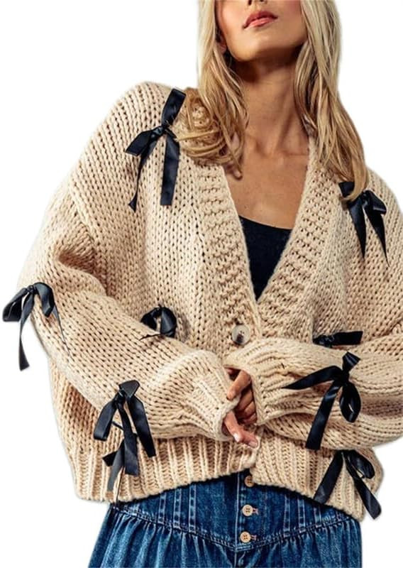Thopavenoir Women's Y2k Bow Trim Cardigan Sweaters Long Sleeve Button Down Knit Jacket Oversized ... | Amazon (US)