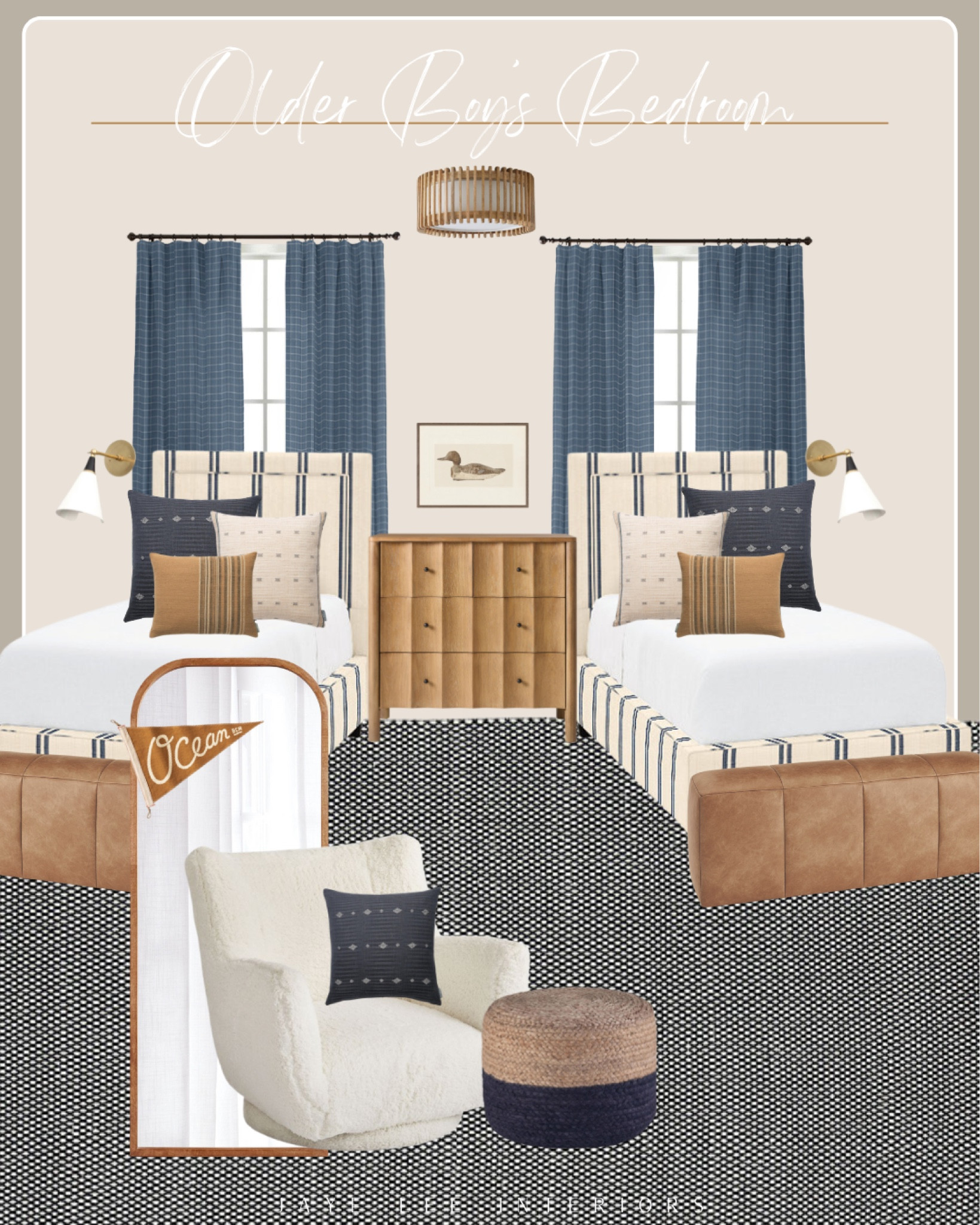 A slightly more sophisticated palate for an older boy’s room…

Ballard Design offers custom upholstered beds and drapery panels in over 350 fabrics! (Designers are offered a 30% discount, so if you’re working with one on your project, be sure to ask! ) 

I’m also in love with the scalloped front dresser from West Elm, adding storage and a tabletop surface between the twin bedsides! I’ve featured some fun sconces from Etsy here, which add a bit of a vintage edge. The duck decoy artwork is a favorite from McGee and Co, and would be a fitting element for a young hunter. 


#BoysRoom #BoysBedroom #Navy #TeenBedroom #TwinBedroom#TweenBedroom , sophisticated kids room, Ballard design, #PotteryBarnTeen #WestElm #WorldMarket #McGeeAndCo #StudioMcGee #Etsy #Amazon

#LTKHome #LTKFamily #LTKKids