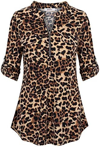 BEPEI Womens Floral 3/4 Sleeve Shirts Zip up V Neck Work Chiffon Blouses Top | Amazon (US)