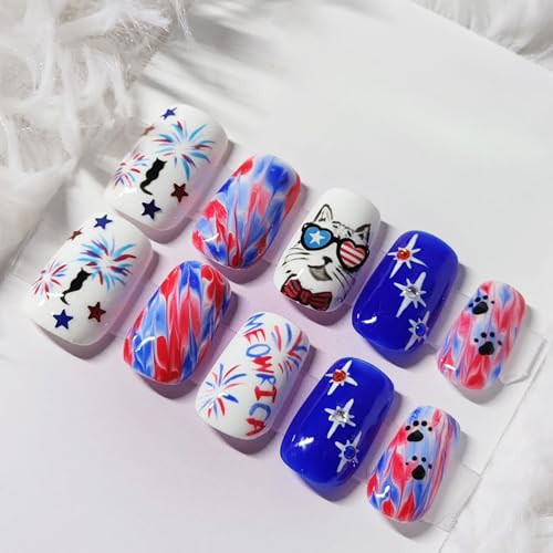 24Pcs 4th of July Press on Nails Short Square Fireworks Fake Nails American Flag with Red White Blue Marble Designs Patriotic Cat Glue on Nails Independence Day False Nails for Women Acrylic Manicure | Amazon (US)