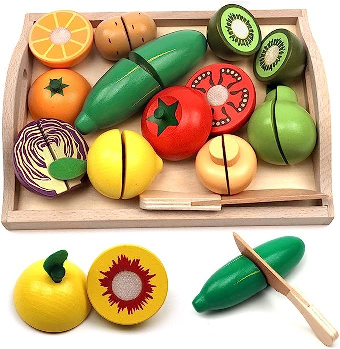 Take Me Away Wooden Cutting Fruit Vegetables Set for Kids - Pretend Play Food Toy Set with Wooden... | Amazon (US)