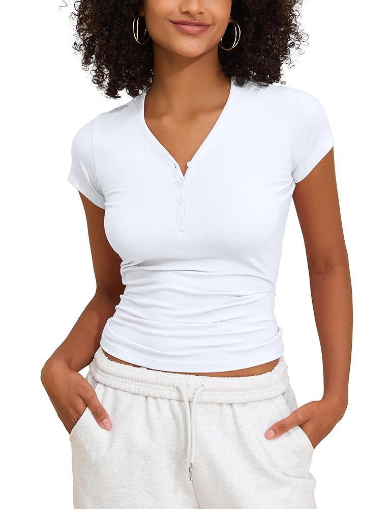PrettyGuide Womens Short Sleeve Cotton Jersey Tops V Neck Henley T Shirts Slim Fit Casual Summer ... | Amazon (US)