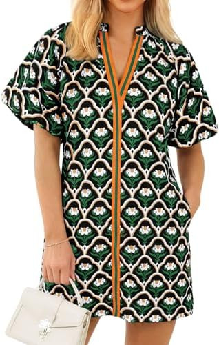 Wenrine Womens Summer Dresses Casual Floral Puff Sleeve V Neck Boho Loose Beach Mini Dress with P... | Amazon (US)