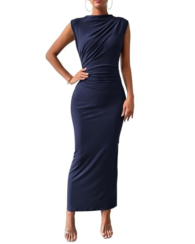 BTFBM Women Ruched Bodycon Maxi Dresses Summer Casual Sleeveless Lightweight Slit Elegant Cocktail Wedding Guest Dress(Navy, X-Large) | Amazon (US)