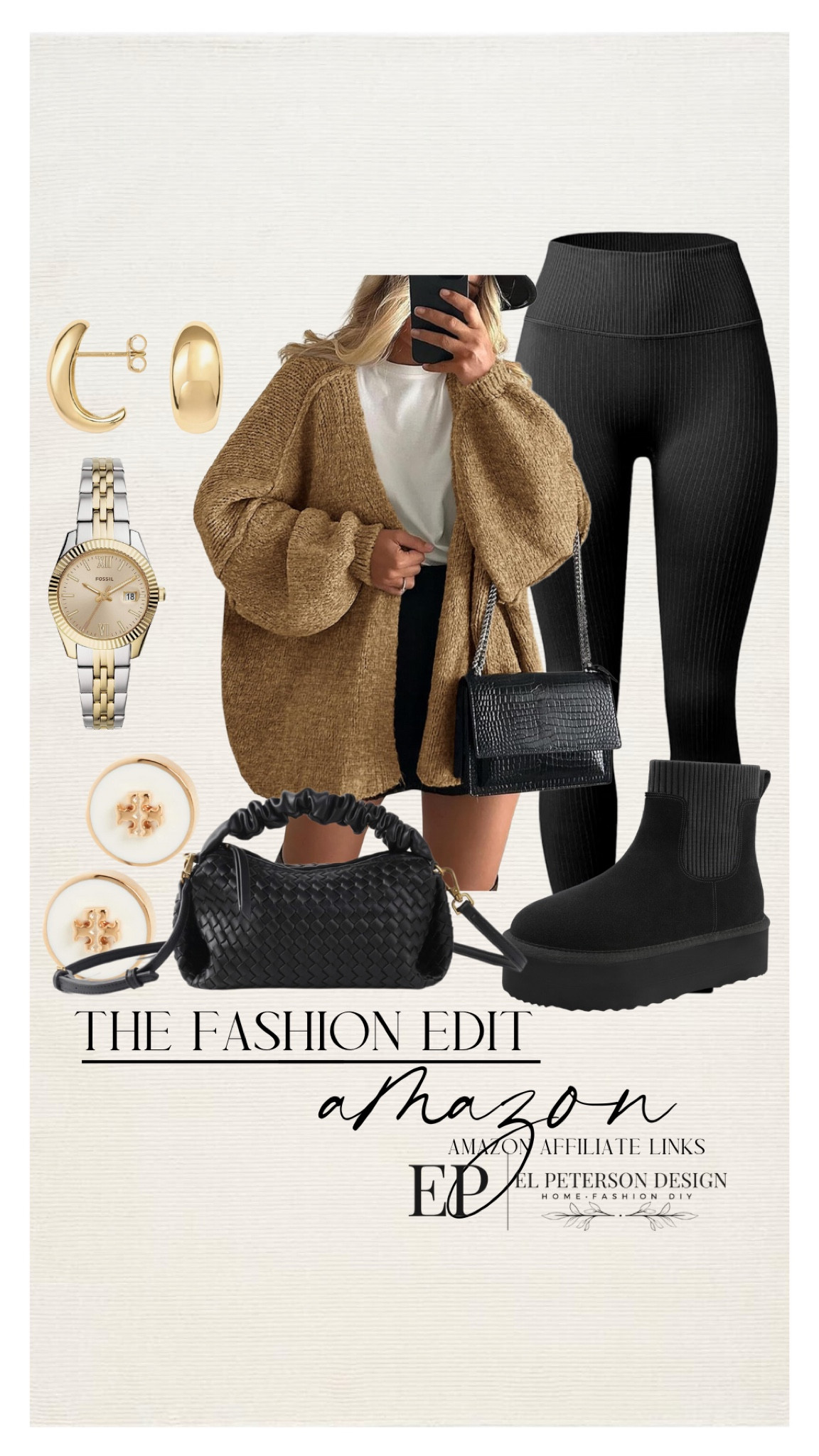 Leggings
Cardigan
Boots
Purse
Earrings
Watch 

#LTKStyleTip
