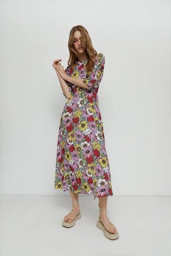 Floral Shirred Cuff Midi Dress | Warehouse UK & IE