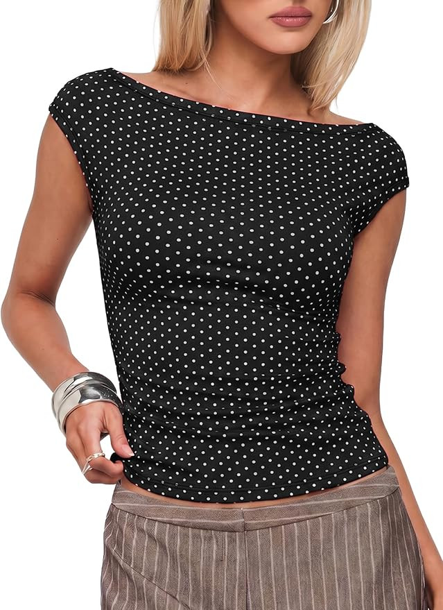 EMMIOL Off Shoulder Tops for Women Cute Sleeveless Polka Dot Shirts Ruched Sexy Going Out Tank To... | Amazon (US)