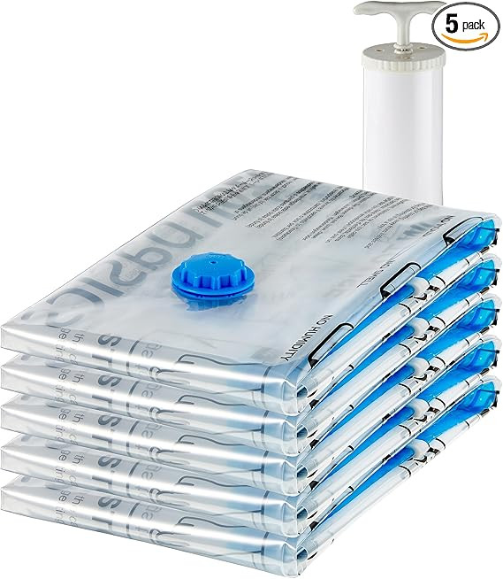 Amazon Basics Vacuum Compression Storage Bags with Hand Pump, Large, Pack of 5, Clear | Amazon (US)
