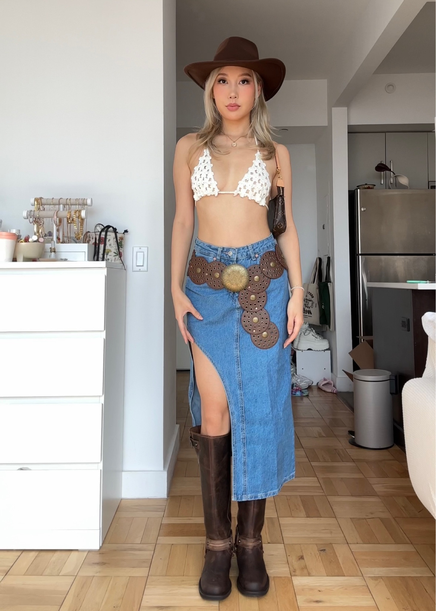 Festival fashion western cowgirl outfit denim midi skirt

#LTKSeasonal