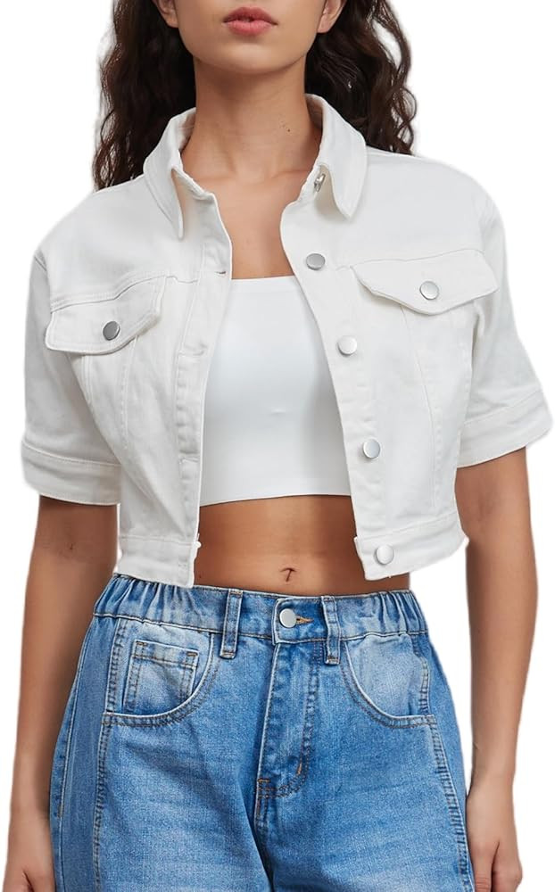 LifeShe Women Cropped Denim Jacket Short Sleeves Button Down Jean Jackets Trucker Coats | Amazon (US)