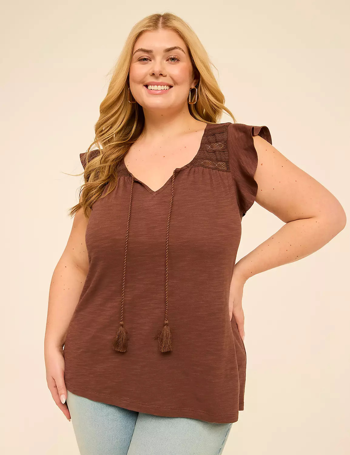 Flutter-Sleeve Lace-Trim Top | LaneBryant | Lane Bryant (US)