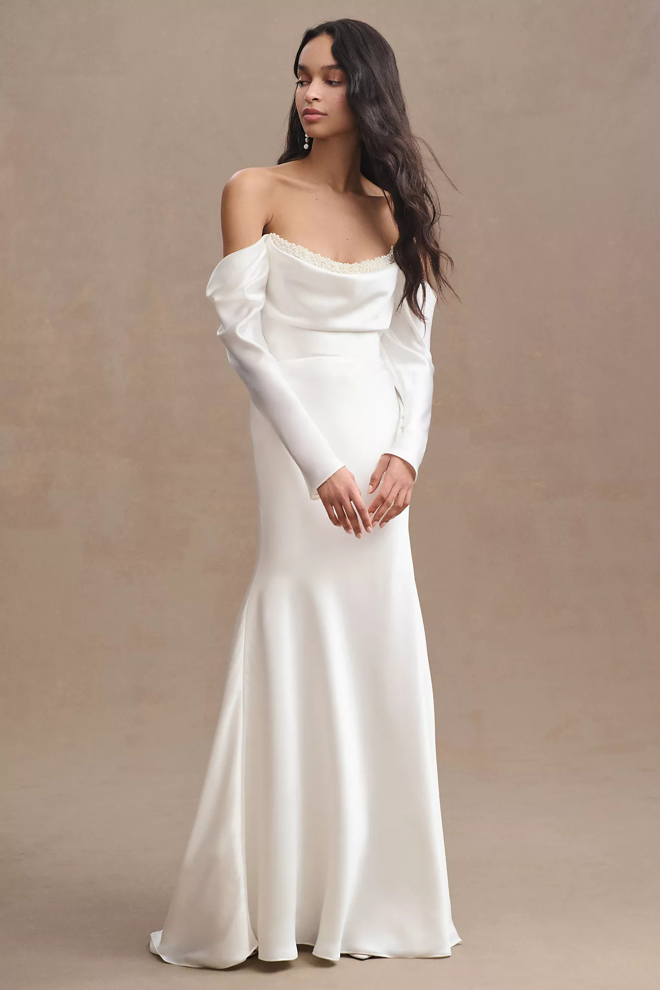 Watters Garance Off-Shoulder Satin Sheath Wedding Gown | Anthropologie (US)