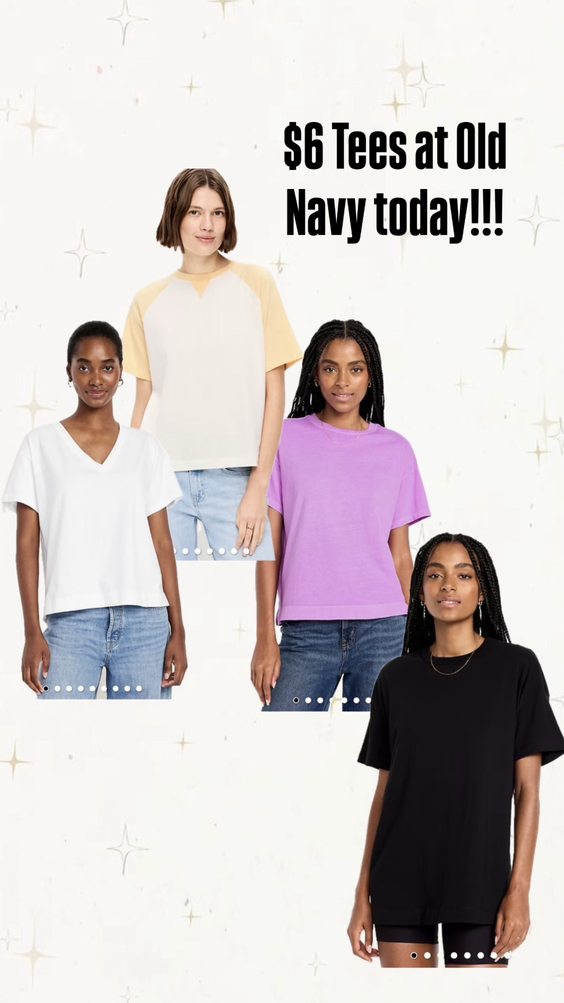 Old Navy has $6 tees today!! 
Men & kids tees are $6 too! Plus they all come in many colors  

#LTKTravel #LTKdayinmylife #LTKSaleAlert