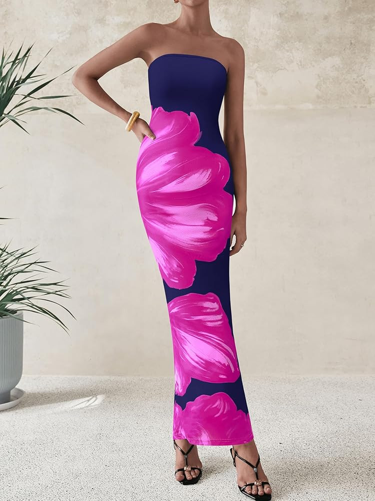 Amazon.com: PRETTYGARDEN Women Summer Strapless Maxi Dress Bodycon Floral Sexy Long Wedding Guest... | Amazon (US)