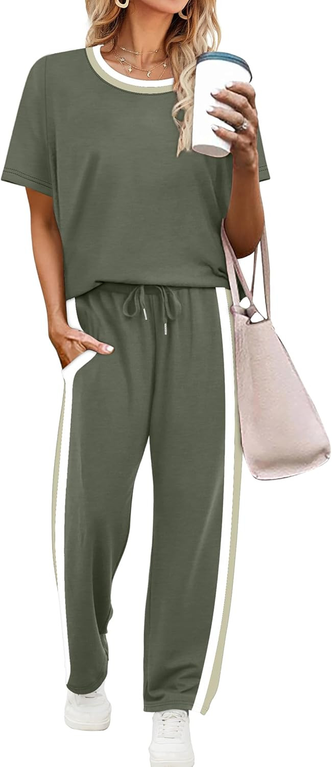 WIHOLL 2 Piece Lounge Sets for Women Matching Set Summer Outfits Short Sleeve Tops Wide Leg Pants with Pockets | Amazon (US)