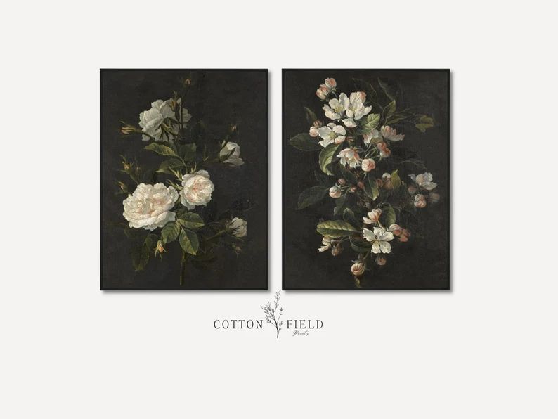 Moody Botanical Set of 2 Prints | Vintage White Floral Printable | Dark Rustic Floral Digital Dow... | Etsy (US)