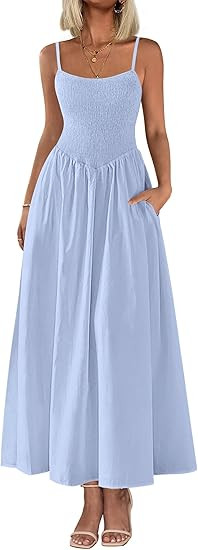 PRETTYGARDEN - Vestidos largos de corpiño fruncido para mujer, de estilo casual con tirantes del... | Amazon (US)